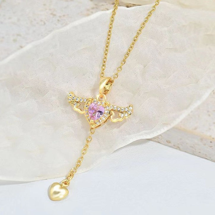 Cupid Heart Angel Wings Tassel Necklace Clavicle Chain Women Jewelry Gift Valentine's Day